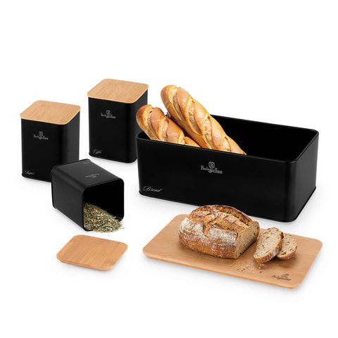 Product image of Bread box with 3pcs canister set. Part of the Black Vantage Collection/Matte Black Collection/Black Silver Collection . Features: • Material: carbon steel with matt powder coating, bamboo • Include: • Bread box 33*18*12 cm • Sugar canister Ø10*13 cm • Tea canister Ø10*13 cm • .... (Studio view). Official Berlinger Haus product, boosted by Promintra sl.
