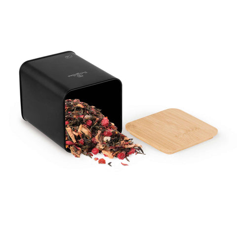 Product image of Bread box with 3pcs canister set. Part of the Black Vantage Collection/Matte Black Collection/Black Silver Collection . Features: • Material: carbon steel with matt powder coating, bamboo • Include: • Bread box 33*18*12 cm • Sugar canister Ø10*13 cm • Tea canister Ø10*13 cm • .... (Studio view). Official Berlinger Haus product, boosted by Promintra sl.