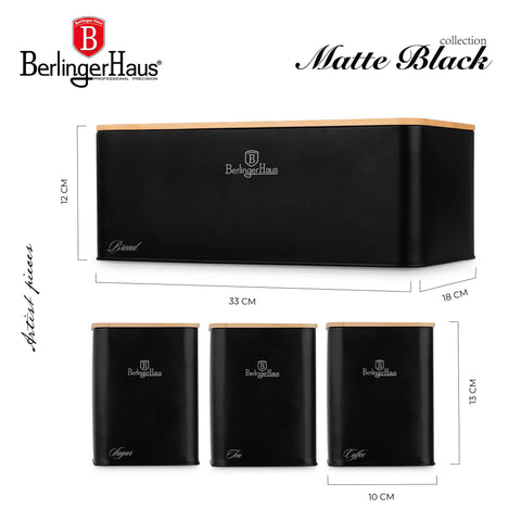 Product image of Bread box with 3pcs canister set. Part of the Black Vantage Collection/Matte Black Collection/Black Silver Collection . Features: • Material: carbon steel with matt powder coating, bamboo • Include: • Bread box 33*18*12 cm • Sugar canister Ø10*13 cm • Tea canister Ø10*13 cm • .... (Studio view). Official Berlinger Haus product, boosted by Promintra sl.