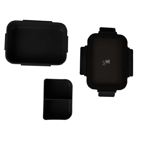 Product image of Lunch box. Part of the Black Vantage Collection/Matte Black Collection/Black Silver Collection . Features: • Material: plastic, silicone • Capacity: • 24*18 cm, 1320 ml • Color: matt black. (Studio view). Official Berlinger Haus product, boosted by Promintra sl.