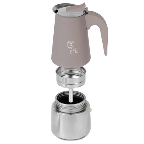 BH/8910, Cafetera de 6 tazas APTA PARA INDUCCIÓN, Color topo mate, Cafetera, Cafetera de acero inoxidable, Cafetera moka, Moka Express, Electrodomésticos de cocina