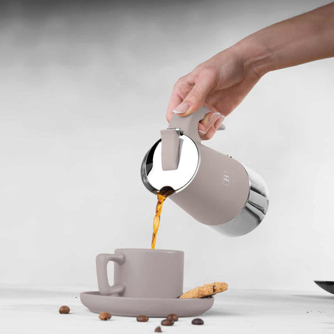 BH/8910, Cafetera de 6 tazas APTA PARA INDUCCIÓN, Color topo mate, Cafetera, Cafetera de acero inoxidable, Cafetera moka, Moka Express, Electrodomésticos de cocina