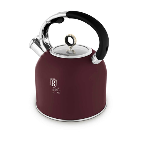 Product image of Kettle with glass lid 3,0L GOOD FOR INDUCTION. Part of the Leonardo Collection . Features: • Material: 18/10 stainless steel with matt powder coating, glass • Capacity: 3,0 L • Color: matt bordeaux. (Studio view). Official Berlinger Haus product, boosted by Promintra sl.