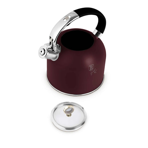 Product image of Kettle with glass lid 3,0L GOOD FOR INDUCTION. Part of the Leonardo Collection . Features: • Material: 18/10 stainless steel with matt powder coating, glass • Capacity: 3,0 L • Color: matt bordeaux. (Studio view). Official Berlinger Haus product, boosted by Promintra sl.