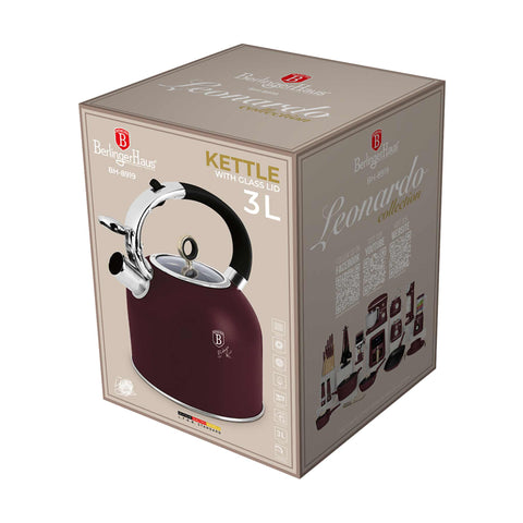 Product image of Kettle with glass lid 3,0L GOOD FOR INDUCTION. Part of the Leonardo Collection . Features: • Material: 18/10 stainless steel with matt powder coating, glass • Capacity: 3,0 L • Color: matt bordeaux. (Studio view). Official Berlinger Haus product, boosted by Promintra sl.