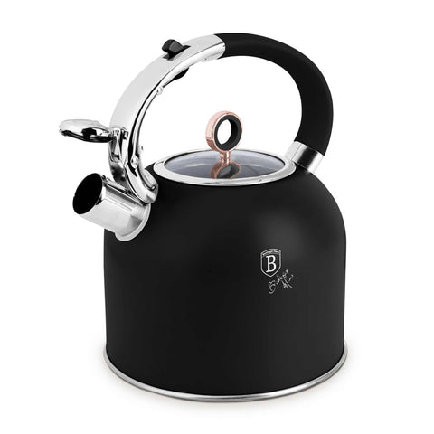 Product image of Kettle with glass lid 3,0L GOOD FOR INDUCTION. Part of the Black Rose Collection . Features: • Material: 18/10 stainless steel with matt powder coating, glass • Capacity: 3,0 L • Color: black- rose gold. (Studio view). Official Berlinger Haus product, boosted by Promintra sl.