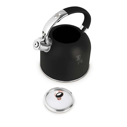 Product image of Kettle with glass lid 3,0L GOOD FOR INDUCTION. Part of the Black Rose Collection . Features: • Material: 18/10 stainless steel with matt powder coating, glass • Capacity: 3,0 L • Color: black- rose gold. (Studio view). Official Berlinger Haus product, boosted by Promintra sl.