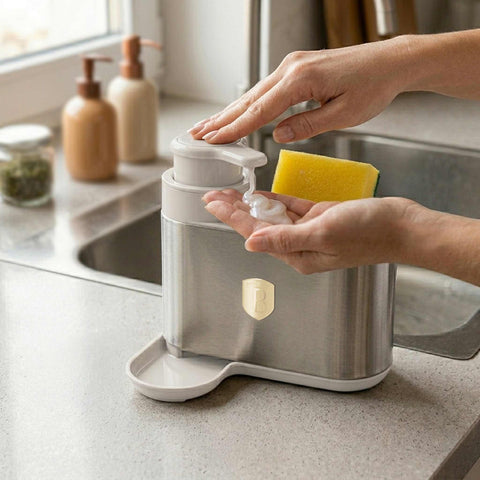 Product image of Soap dispenser. Part of the Sahara Collection . Features: • Material: stainless steel, plastic • Size: 15,8*12,7*17,8 cm • Color: matt cream. (Studio view). Official Berlinger Haus product, boosted by Promintra sl.
