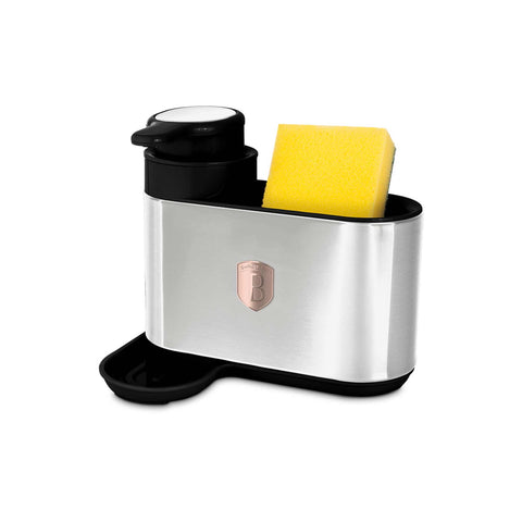 Product image of Soap dispenser. Part of the Black Rose Collection . Features: • Material: stainless steel, plastic • Size: 15,8*12,7*17,8 cm • Color: black- rose gold. (Studio view). Official Berlinger Haus product, boosted by Promintra sl.