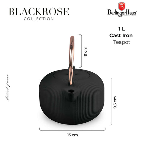 Product image of Cast iron tea pot 1L. Part of the Black Rose Collection . Features: • Material: cast iron • Inside: enamel coating • Capacity: 1L • Removable 18/10 stainless steel filter • Color: black- rose gold. (Studio view). Official Berlinger Haus product, boosted by Promintra sl.