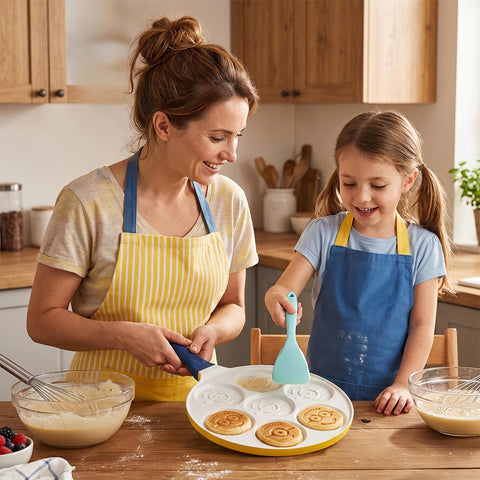 Product image of 7holes emoji pancake pan 26cm. Part of the Minions Collection . Features: • Material: cast aluminum • Pancake pan Ø26*1,7 cm • Color: yellow- blue. (Studio view). Official Berlinger Haus product, boosted by Promintra sl.