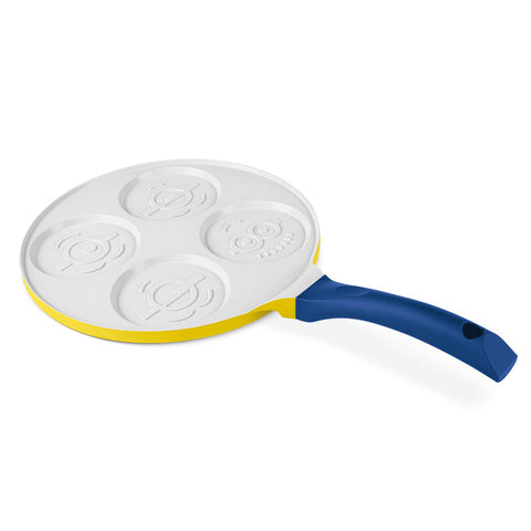 Product image of 4holes emoji pancake pan 26cm. Part of the Minions Collection . Features: • Material: cast aluminum • Pancake pan Ø26*1,7 cm • Color: yellow- blue. (Studio view). Official Berlinger Haus product, boosted by Promintra sl.