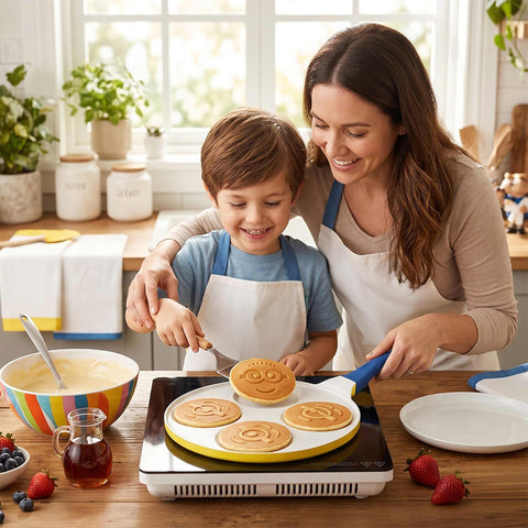 Product image of 4holes emoji pancake pan 26cm. Part of the Minions Collection . Features: • Material: cast aluminum • Pancake pan Ø26*1,7 cm • Color: yellow- blue. (Studio view). Official Berlinger Haus product, boosted by Promintra sl.