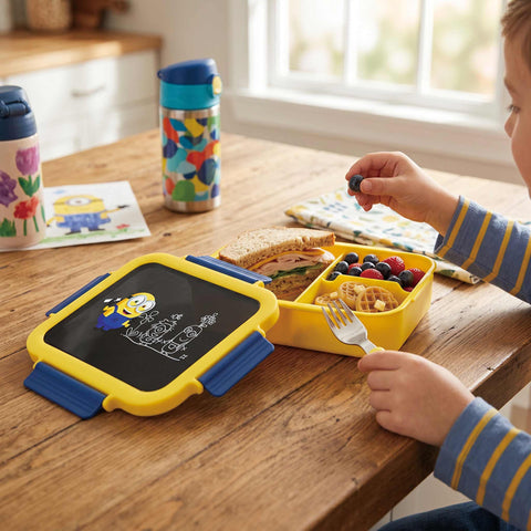 Product image of Lunch box. Part of the Minions Collection . Features: • Material: plastic, silicone • Capacity: • 24*18 cm, 1320 ml • Color: yellow- blue. (Studio view). Official Berlinger Haus product, boosted by Promintra sl.
