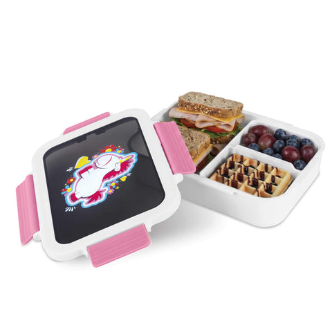Product image of Lunch box. Part of the Minions Collection . Features: • Material: plastic, silicone • Capacity: • 24*18 cm, 1320 ml • Color: pink- white. (Studio view). Official Berlinger Haus product, boosted by Promintra sl.