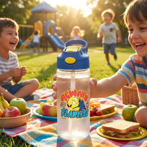 Product image of Drinking bottle 0,5L. Part of the Minions Collection . Features: • Material: plastic • Flip top lid • Capacity: 0,5 L • Size: 9*6,8*19,2 cm • Color: yellow- blue. (Studio view). Official Berlinger Haus product, boosted by Promintra sl.