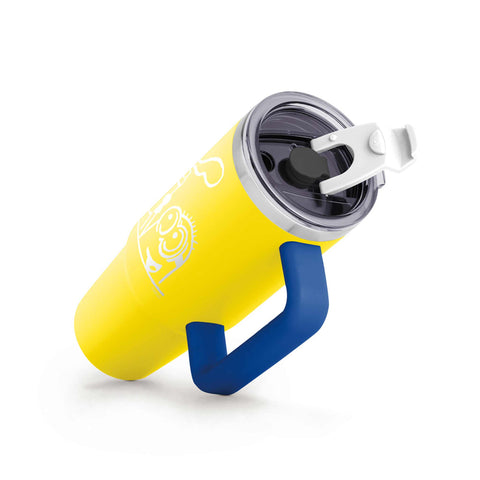 Product image of Thermo mug 1L. Part of the Minions Collection . Features: • Material: 18/10 stainless steel, cap: plastic, with matt powder coating • Capacity: 1 L • Accessories: • 30 cm straw • Color: yellow- blue • Pack.... (Studio view). Official Berlinger Haus product, boosted by Promintra sl.