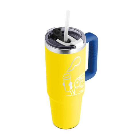 Product image of Thermo mug 1L. Part of the Minions Collection . Features: • Material: 18/10 stainless steel, cap: plastic, with matt powder coating • Capacity: 1 L • Accessories: • 30 cm straw • Color: yellow- blue • Pack.... (Studio view). Official Berlinger Haus product, boosted by Promintra sl.