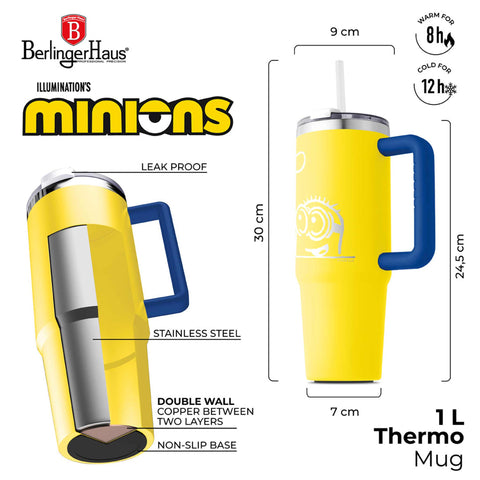 Product image of Thermo mug 1L. Part of the Minions Collection . Features: • Material: 18/10 stainless steel, cap: plastic, with matt powder coating • Capacity: 1 L • Accessories: • 30 cm straw • Color: yellow- blue • Pack.... (Studio view). Official Berlinger Haus product, boosted by Promintra sl.