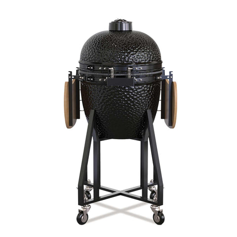 Product image of Kamado grill with high stand and side shelves. Part of the outdoor . Features: • Material: ceramic, stainless steel, bamboo • Thermometer in the top (lid) • Accessories, features: • Regular firebox • Heat deflector • Plate set.... (Studio view). Official Berlinger Haus product, boosted by Promintra sl.