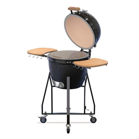 Product image of Kamado grill with high stand and side shelves. Part of the outdoor . Features: • Material: ceramic, stainless steel, bamboo • Thermometer in the top (lid) • Accessories, features: • Regular firebox • Heat deflector • Plate set.... (Studio view). Official Berlinger Haus product, boosted by Promintra sl.