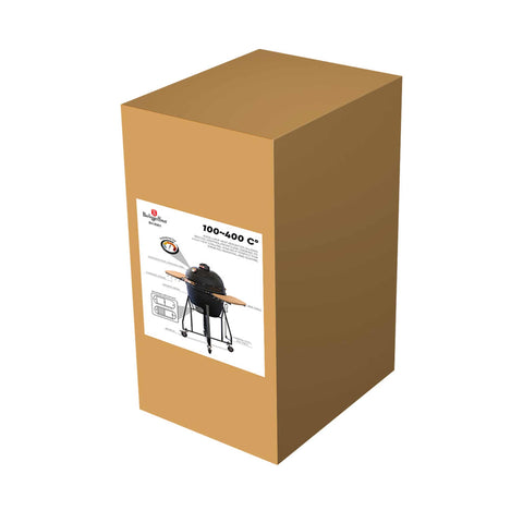 Product image of Kamado grill with high stand and side shelves. Part of the outdoor . Features: • Material: ceramic, stainless steel, bamboo • Thermometer in the top (lid) • Accessories, features: • Regular firebox • Heat deflector • Plate set.... (Studio view). Official Berlinger Haus product, boosted by Promintra sl.