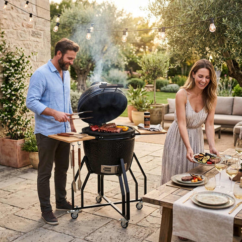 Product image of Kamado grill with high stand and side shelves. Part of the outdoor . Features: • Material: ceramic, stainless steel, bamboo • Thermometer in the top (lid) • Accessories, features: • Regular firebox • Heat deflector • Plate set.... (Studio view). Official Berlinger Haus product, boosted by Promintra sl.