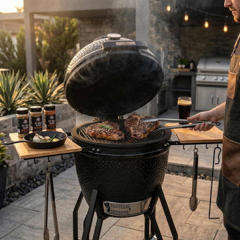 Product image of Kamado grill with high stand and side shelves. Part of the outdoor . Features: • Material: ceramic, stainless steel, bamboo • Thermometer in the top (lid) • Accessories, features: • Regular firebox • Heat deflector • Plate set.... (Studio view). Official Berlinger Haus product, boosted by Promintra sl.