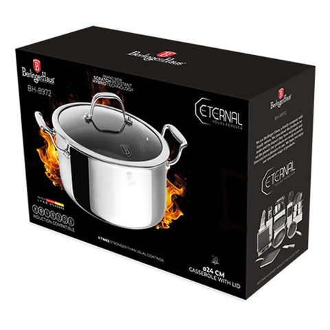 Product image of Casserole with lid 24cm. Part of the Eternal Collection . Features: • Material: stainless steel with laser-cut surface • Size: 24*11,5 cm 4,5L REGISTERED DESIGN BY BERLINGER HAUS!. (Studio view). Official Berlinger Haus product, boosted by Promintra sl.