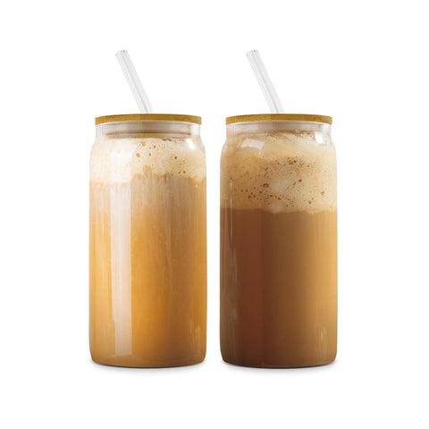 Product image of 2pcs glass set with bamboo lid and glass straw. Part of the kitchen accessories . Features: • Material: borosilicate glass, bamboo • Capacity: 550 ml • Accessories: • 2 pcs glass straw • 1 pc straw cleaner brush. (Conceptual view). Official Berlinger Haus product, boosted by Promintra sl.