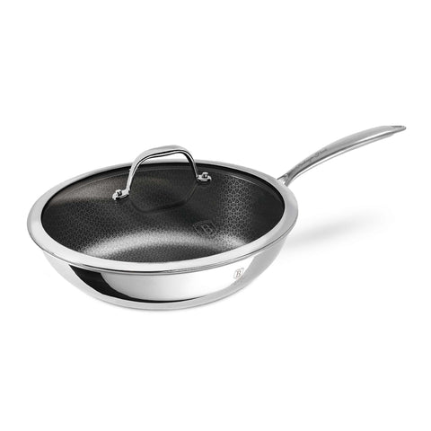 Product image of Wok with lid 28cm. Part of the Eternal Collection . Features: • Material: stainless steel with laser-cut surface • Size: 28*8,5 cm 3,3L REGISTERED DESIGN BY BERLINGER HAUS!. (Studio view). Official Berlinger Haus product, boosted by Promintra sl.