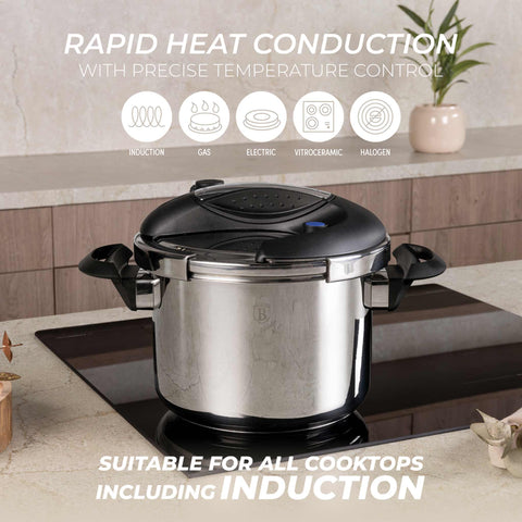 Product image of Turbo pressure cooker 6L. Part of the Eternal Collection . Features: • Material: 304 = 18/10 Stainless steel • Capacity: 6L • Size: 22*17,2 cm. (Studio view). Official Berlinger Haus product, boosted by Promintra sl.
