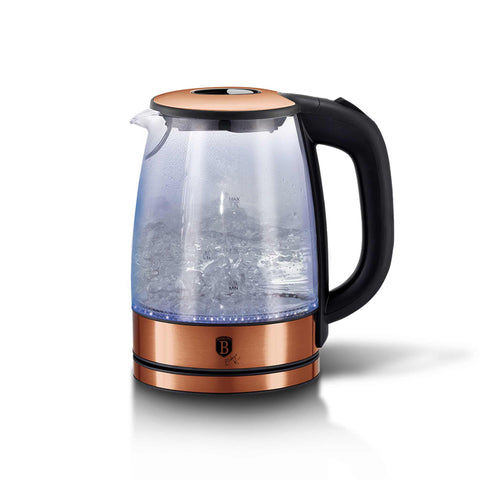 Product image of Electric glass kettle. Part of the Metallic Line Rose Gold Edition . Features: • Material: stainless steel and borosilicate glass • Capacity: 1,7L • Voltage: 220-240V,50/60Hz • Power: 1850-2200W • Color: rose gold. (Conceptual view). Official Berlinger Haus product, boosted by Promintra sl.