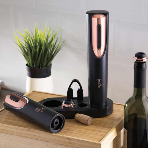 BH/9134, Juego de abridor de vino eléctrico 6 en 1, negro, oro rosa, abridor de vino, eléctrico/a batería, utensilio de cocina, juego de abridor de vino eléctrico, Imagen tipo estilo de vida: detalles y funciones.