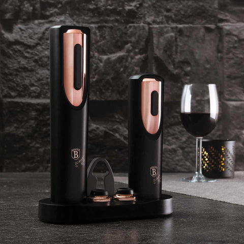 BH/9134, Juego de abridor de vino eléctrico 6 en 1, negro, oro rosa, abridor de vino, eléctrico/a batería, utensilio de cocina, juego de abridor de vino eléctrico, Imagen tipo estilo de vida: detalles y funciones.