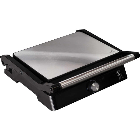 Product image of Electric grill with oil drip pan. Part of the Black Vantage Collection/Matte Black Collection/Black Silver Collection/Eternal Collection . Features: • Power: 2200W • Voltage: 220-240 V • NON-STICK coating on plate • Plate size: 29*23 cm • Color: stainless steel • 2 IN 1 2 TYPES OF OPENING. (Studio view). Official Berlinger Haus product, boosted by Promintra sl.