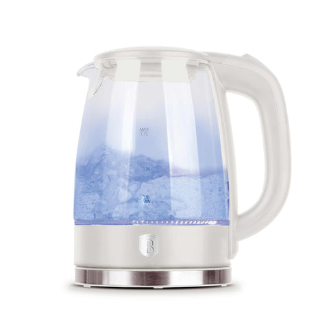 Product image of Electric glass kettle. Part of the Sahara Collection . Features: • Material: stainless steel, borosilicate glass and plastic • Capacity: 1,7L • Voltage: 220-240V,50/60Hz • Power: 1850-2200W • Size: 22,3*16,1*24,2.... (Studio view). Official Berlinger Haus product, boosted by Promintra sl.