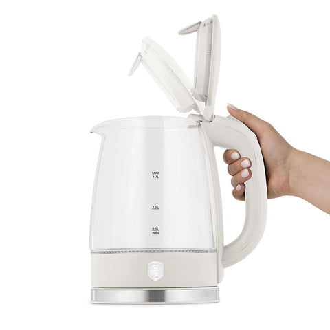 Product image of Electric glass kettle. Part of the Sahara Collection . Features: • Material: stainless steel, borosilicate glass and plastic • Capacity: 1,7L • Voltage: 220-240V,50/60Hz • Power: 1850-2200W • Size: 22,3*16,1*24,2.... (Studio view). Official Berlinger Haus product, boosted by Promintra sl.