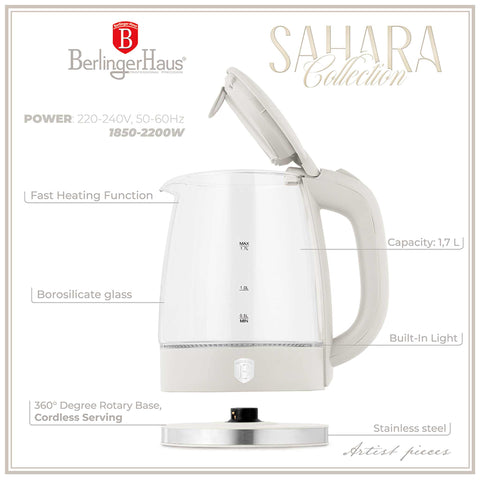 Product image of Electric glass kettle. Part of the Sahara Collection . Features: • Material: stainless steel, borosilicate glass and plastic • Capacity: 1,7L • Voltage: 220-240V,50/60Hz • Power: 1850-2200W • Size: 22,3*16,1*24,2.... (Studio view). Official Berlinger Haus product, boosted by Promintra sl.