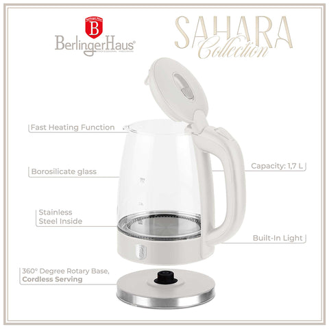 Product image of Electric glass kettle. Part of the Sahara Collection . Features: • Material: stainless steel, borosilicate glass and plastic • Capacity: 1,7L • Voltage: 220-240V,50/60Hz • Power: 1850-2200W • Size: 22,3*16,1*24,2.... (Studio view). Official Berlinger Haus product, boosted by Promintra sl.