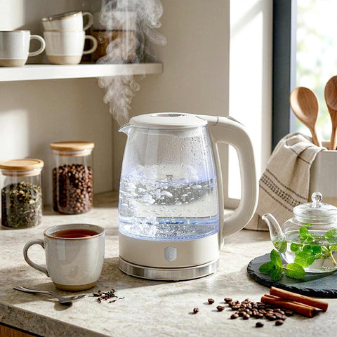 Product image of Electric glass kettle. Part of the Sahara Collection . Features: • Material: stainless steel, borosilicate glass and plastic • Capacity: 1,7L • Voltage: 220-240V,50/60Hz • Power: 1850-2200W • Size: 22,3*16,1*24,2.... (Studio view). Official Berlinger Haus product, boosted by Promintra sl.