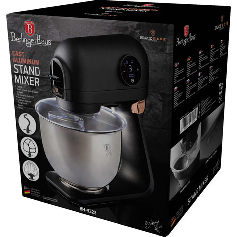 Product image of Kitchen machine. Part of the Black Rose Collection . Features: • Material: cast aluminium body and stainless steel • 1200 W, 220-240V, 50/60Hz • Include: • 18/10 stainless steel bowl 5L • Cast aluminium non-sti.... (Studio view). Official Berlinger Haus product, boosted by Promintra sl.