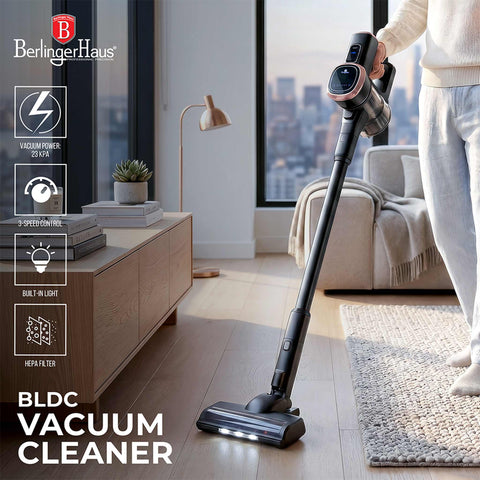 Product image of Vacuum cleaner with BLDC motor (5x stronger motor). Part of the Black Rose Collection . Features: THE BEST SELLING ITEM IN AMAZON! • Voltage: 25,2 V (Li-ION battery) • 300 W • BLDC motor (5x stronger motor) - Vacuum >25Kpa super powerful suction.... (Studio view). Official Berlinger Haus product, boosted by Promintra sl.