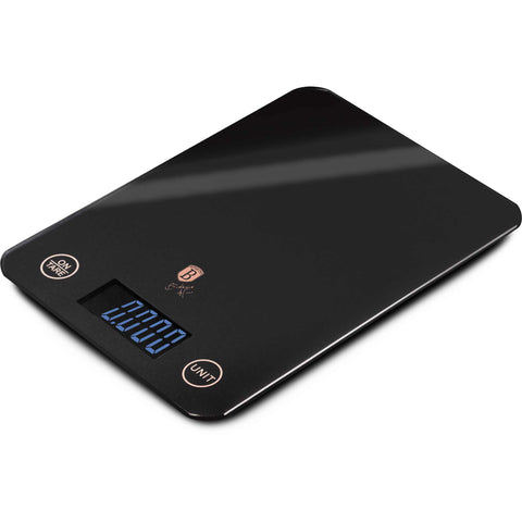 Product image of Digital glass kitchen scale capacity 5kg. Part of the Black Rose Collection . Features: • Material: tempered glass and plastic • Capacity: 5 kg • Size: 19,5*14,5 cm • Weight unit: g/oz/ml/lb/fl • 2 pcs AAA battery included • Color: black. (Studio view). Official Berlinger Haus product, boosted by Promintra sl.