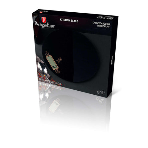  BH/9431, Báscula de cocina digital de vidrio, capacidad 5 kg, color negro y oro rosa, báscula de cocina, redonda, eléctrica/batería, báscula de cocina digital redonda, báscula, utensilios de cocina