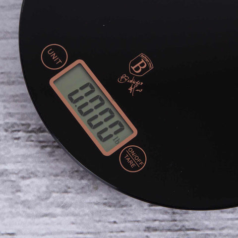  BH/9431, Báscula de cocina digital de vidrio, capacidad 5 kg, color negro y oro rosa, báscula de cocina, redonda, eléctrica/batería, báscula de cocina digital redonda, báscula, utensilios de cocina