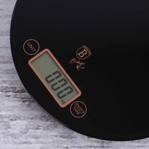  BH/9431, Báscula de cocina digital de vidrio, capacidad 5 kg, color negro y oro rosa, báscula de cocina, redonda, eléctrica/batería, báscula de cocina digital redonda, báscula, utensilios de cocina