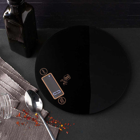  BH/9431, Báscula de cocina digital de vidrio, capacidad 5 kg, color negro y oro rosa, báscula de cocina, redonda, eléctrica/batería, báscula de cocina digital redonda, báscula, utensilios de cocina