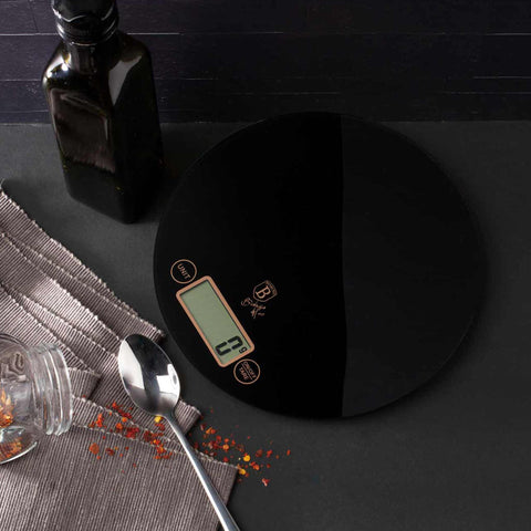  BH/9431, Báscula de cocina digital de vidrio, capacidad 5 kg, color negro y oro rosa, báscula de cocina, redonda, eléctrica/batería, báscula de cocina digital redonda, báscula, utensilios de cocina
