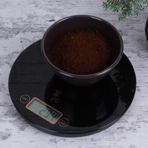  BH/9431, Báscula de cocina digital de vidrio, capacidad 5 kg, color negro y oro rosa, báscula de cocina, redonda, eléctrica/batería, báscula de cocina digital redonda, báscula, utensilios de cocina